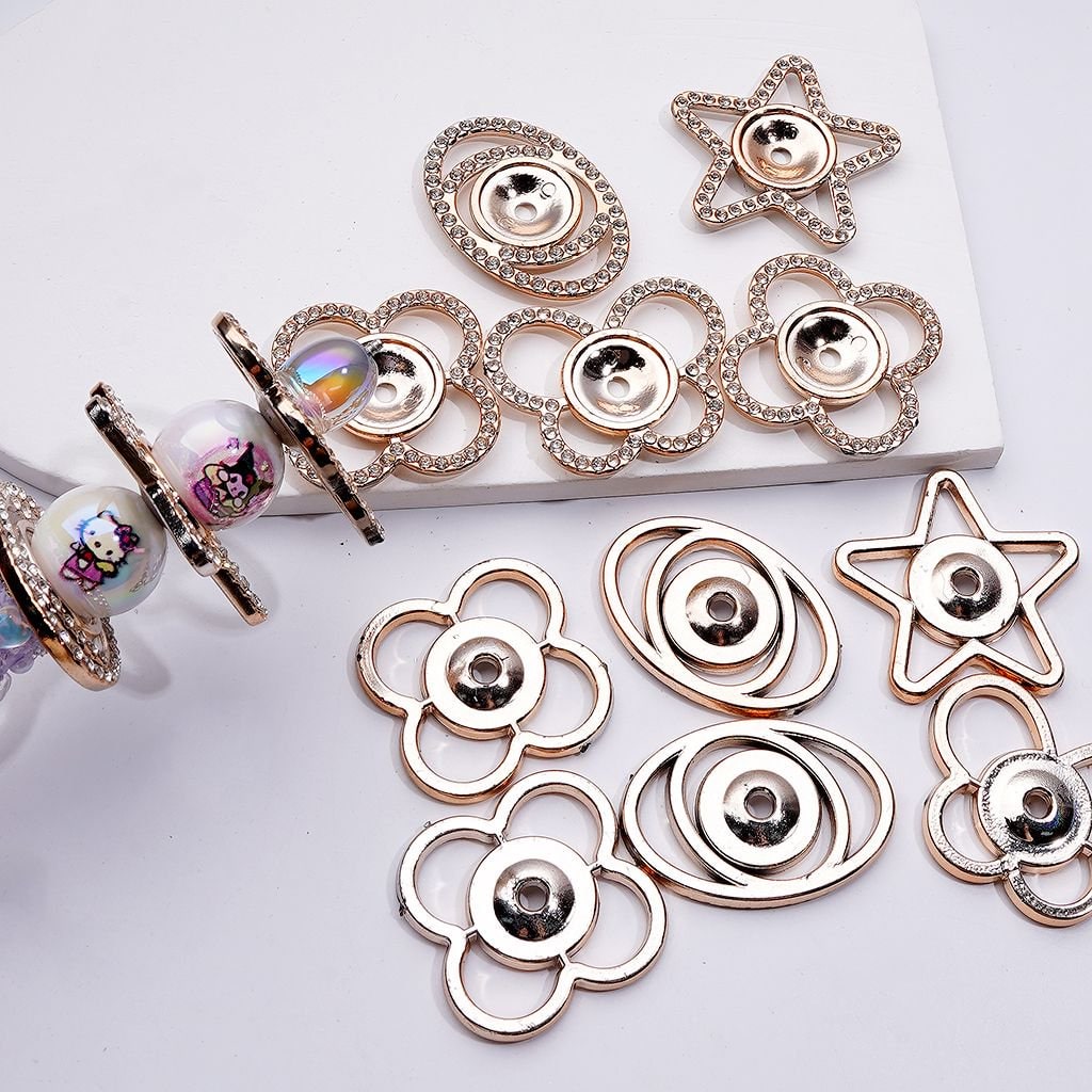 Gold Acrylic Spacer Charms Star, Butterfly & Planet Designs with Clear Rhinestones, Random Mix