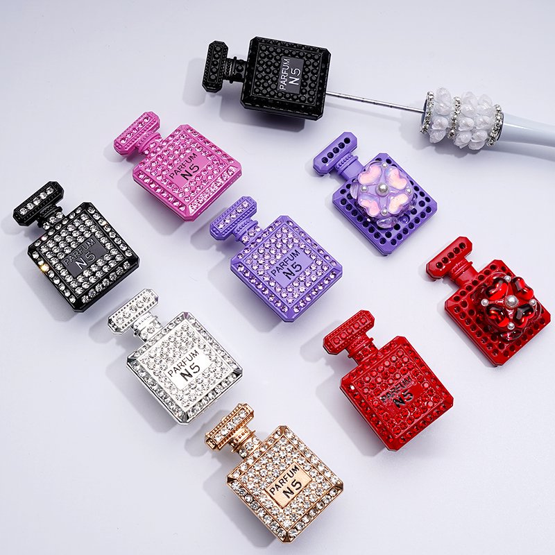 Fancy Alloy Bling Bling Parfum Perfume Bottle with Colorful Shiny Rhinestones White Pearls Colorful Hearts Clay Beads, Around 46*29MM