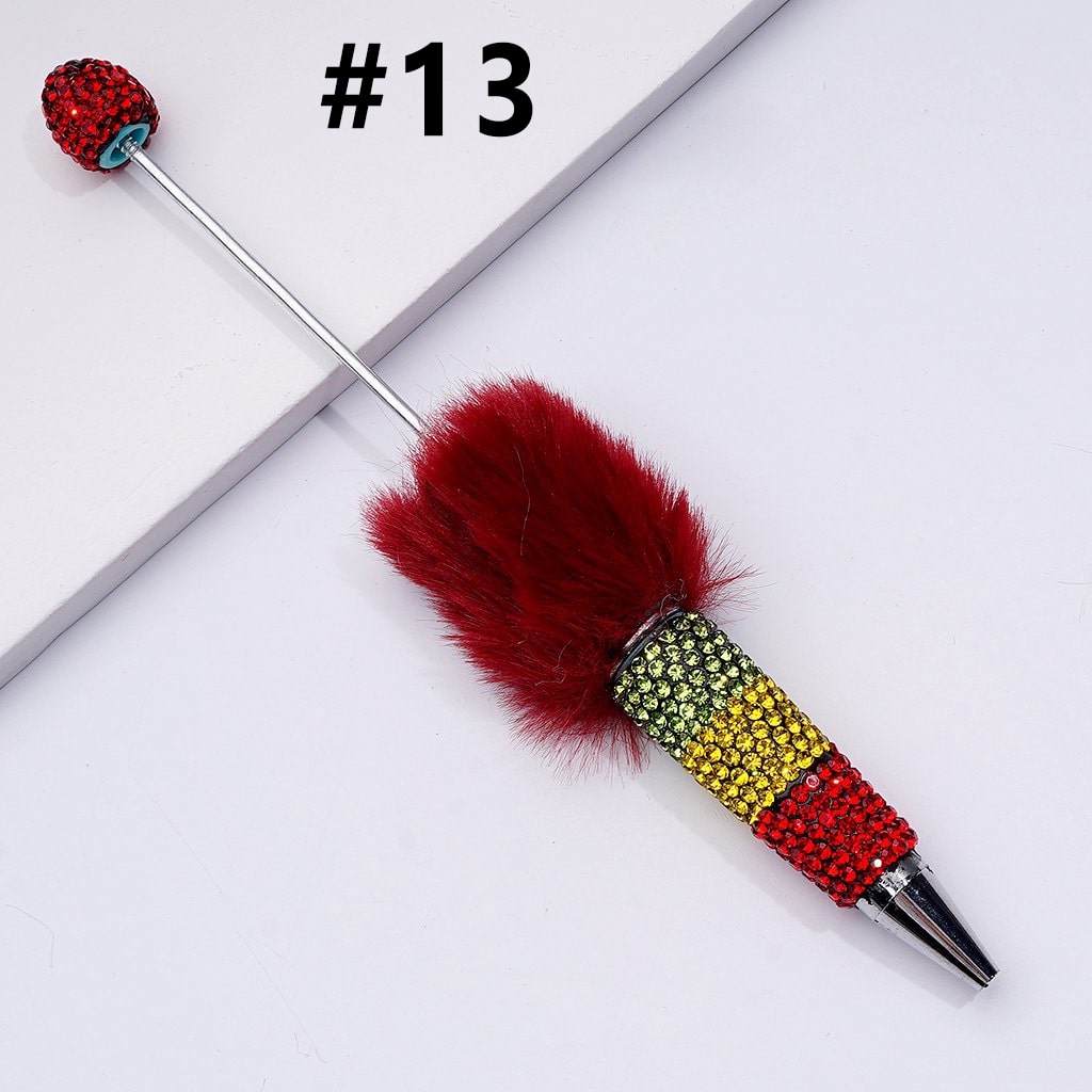 Pom Pom Beadable Clay Pens Covered with Shiny Green Yellow Red Rhinestones Along the Entire Pen