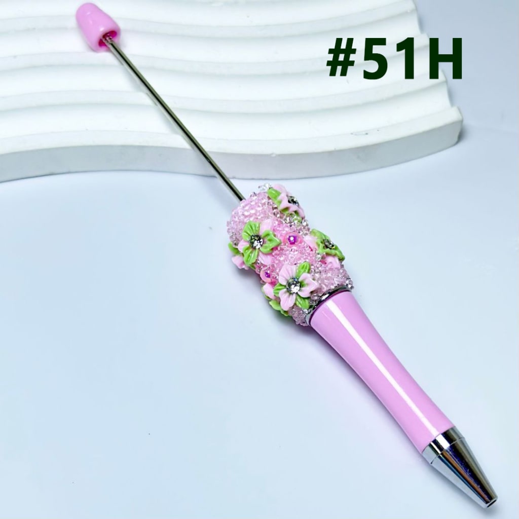 Mini Cute DIY Beadable Pen with Flowers Clear Rhinestone Inside Shiny Pearls in Solid Color