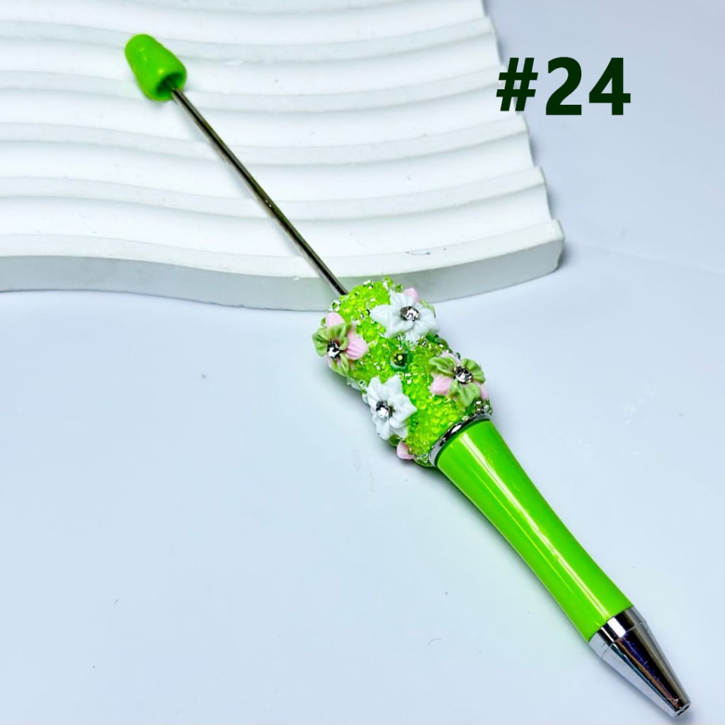 Mini Cute DIY Beadable Pen with Flowers Clear Rhinestone Inside Shiny Pearls in Solid Color