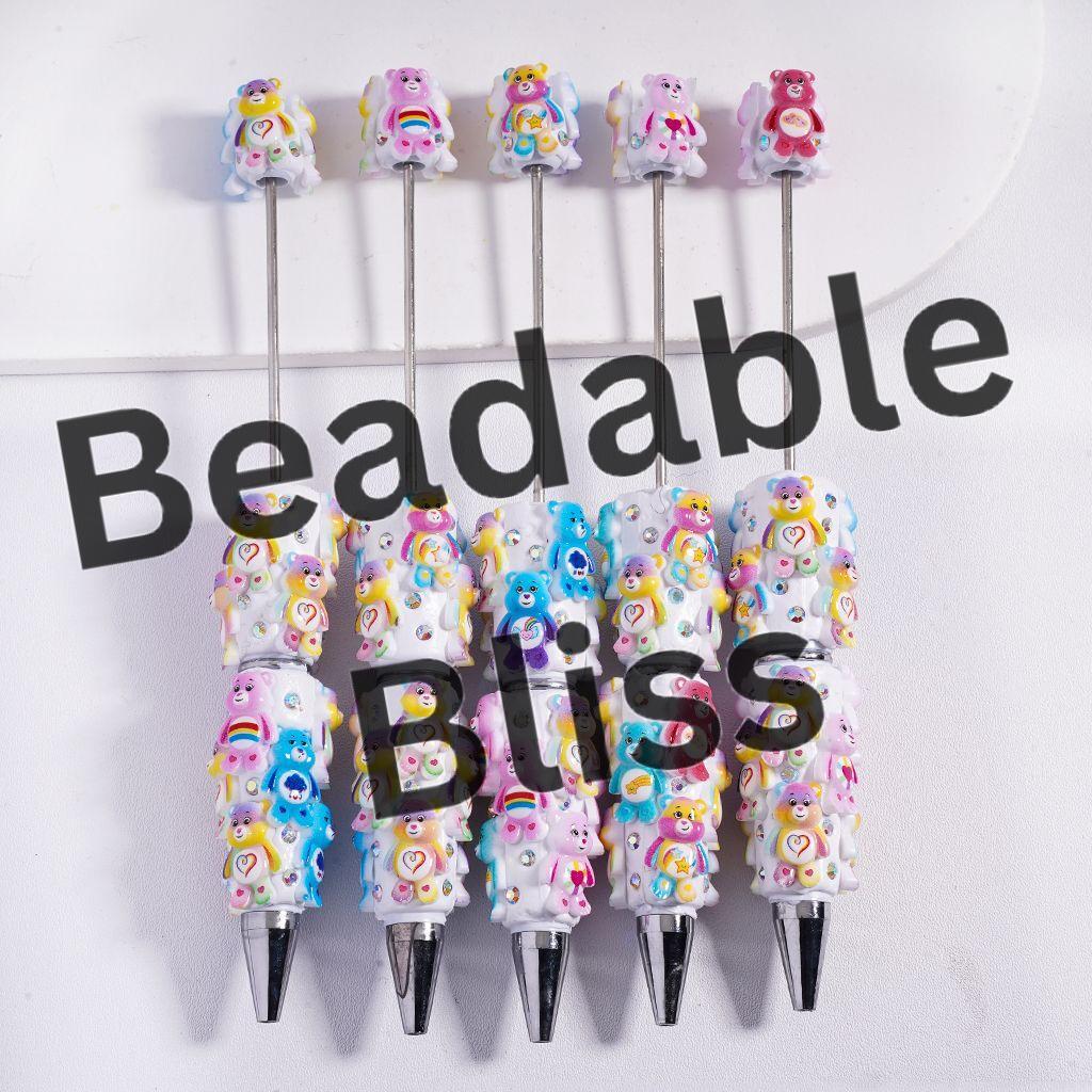 Beadable Clay Pens with Rainbow Bear Series and AB Rhinestone, White Pearl, Random Mix