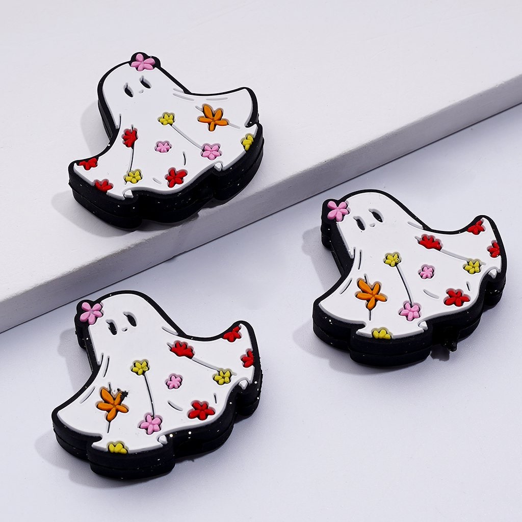 Adorable White Ghost Silicone Focal Beads with Colorful Mini Flowers, Perfect for Halloween Crafts