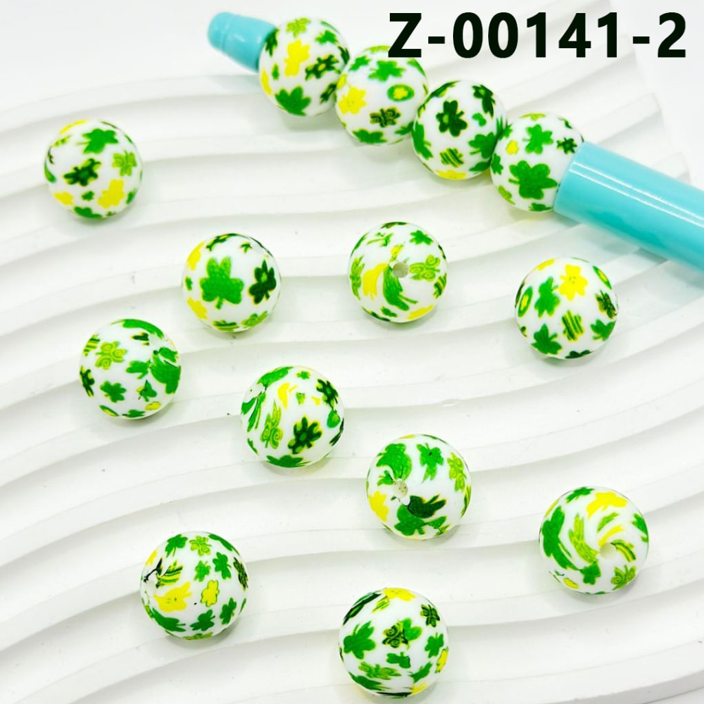 Round Printed Silicone Beads, 15mm, with Green Leaf Clover, Rainbow Cloud, Hat Drink Flower, Number Z-00141