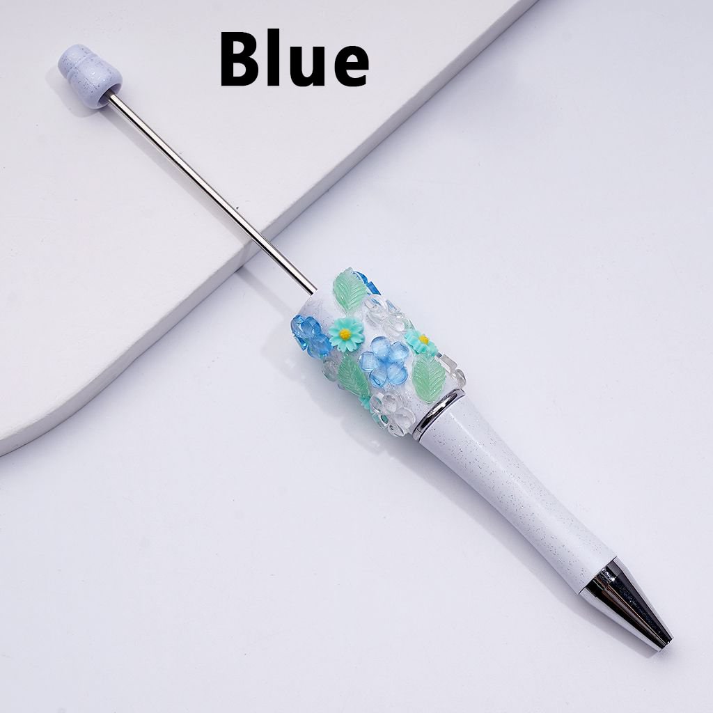 Elegant White Glitter Beadable Pen – Adorned with Vibrant Flowers & Green Leaf Accents