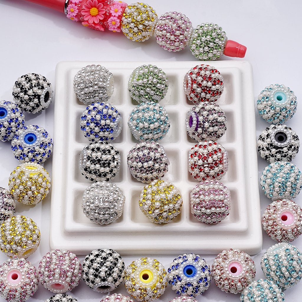 White Pearls Round Acrylic Beads Multi-Color Shiny Rhinestones 20MM