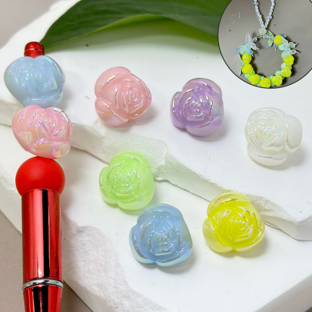 Glossy Colorful Rose UV Finish Flower Acrylic Beads, Around 20MM, Please Read the Description