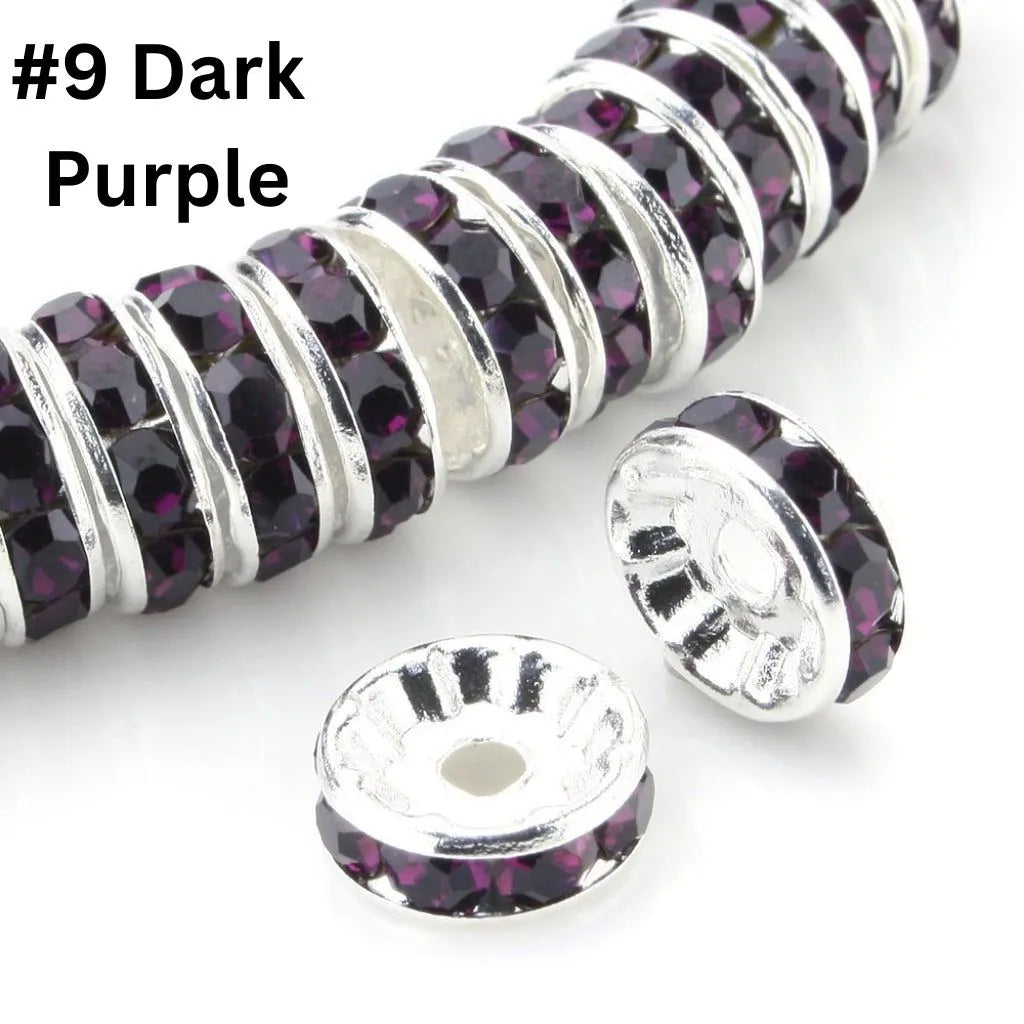 Round Metal Spacers with Straight Flat Rhinestones in Solid Colors, 10mm