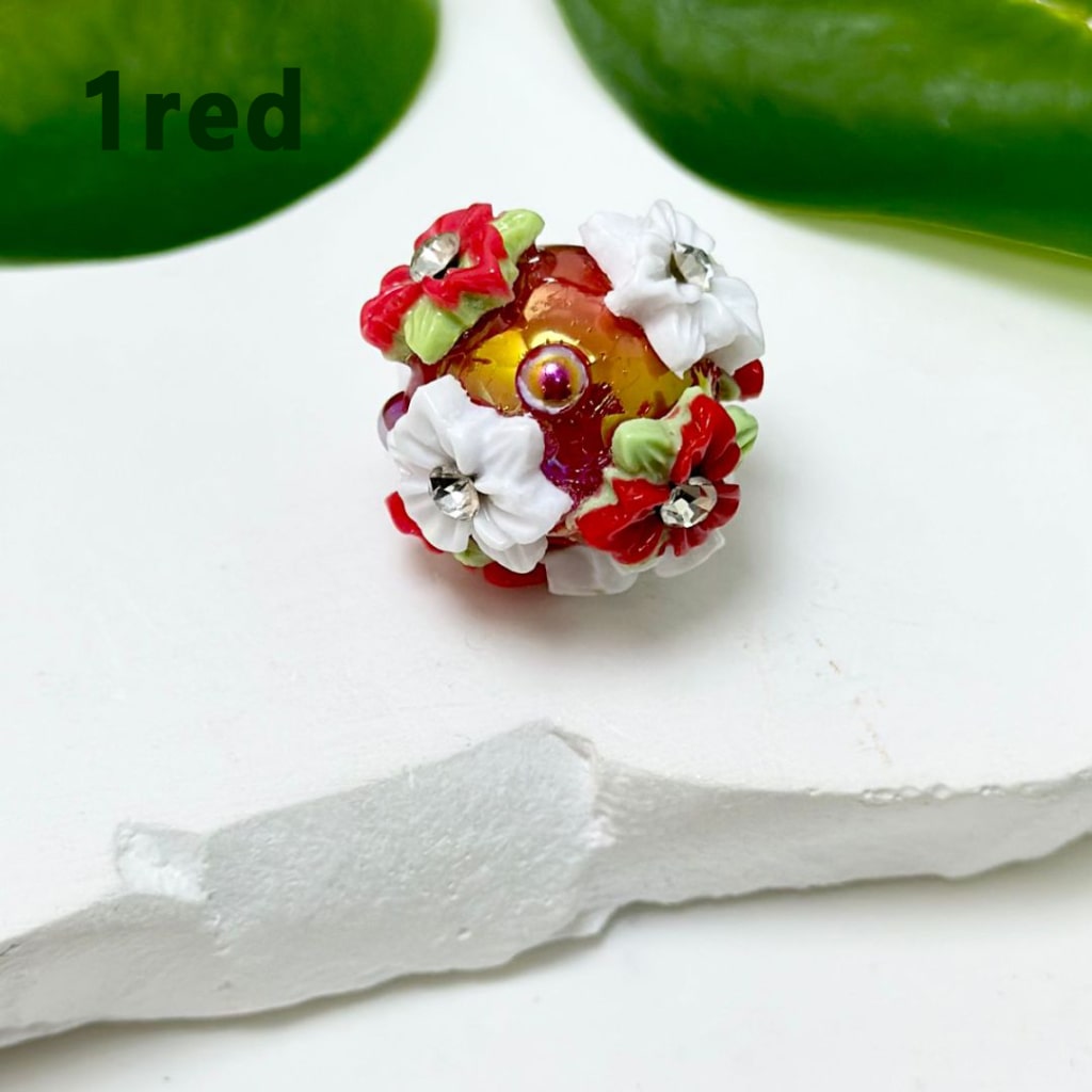 Cute Mini Round Acrylic Beads with Colorful Flowers, Clear Rhinestone Inside, and Shiny Pearls, Around 22MM