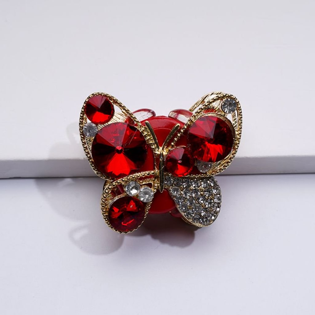 Fancy Bling Bling Gold Alloy Butterfly with Red Clear Shiny Rhinestones Clay Beads, Around 35*31MM