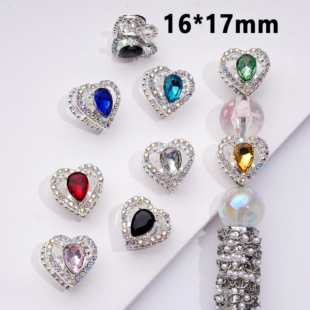 Silver Alloy Heart Charms with AB and Colorful Rhinestones, Random Mixed Set, 16x17MM