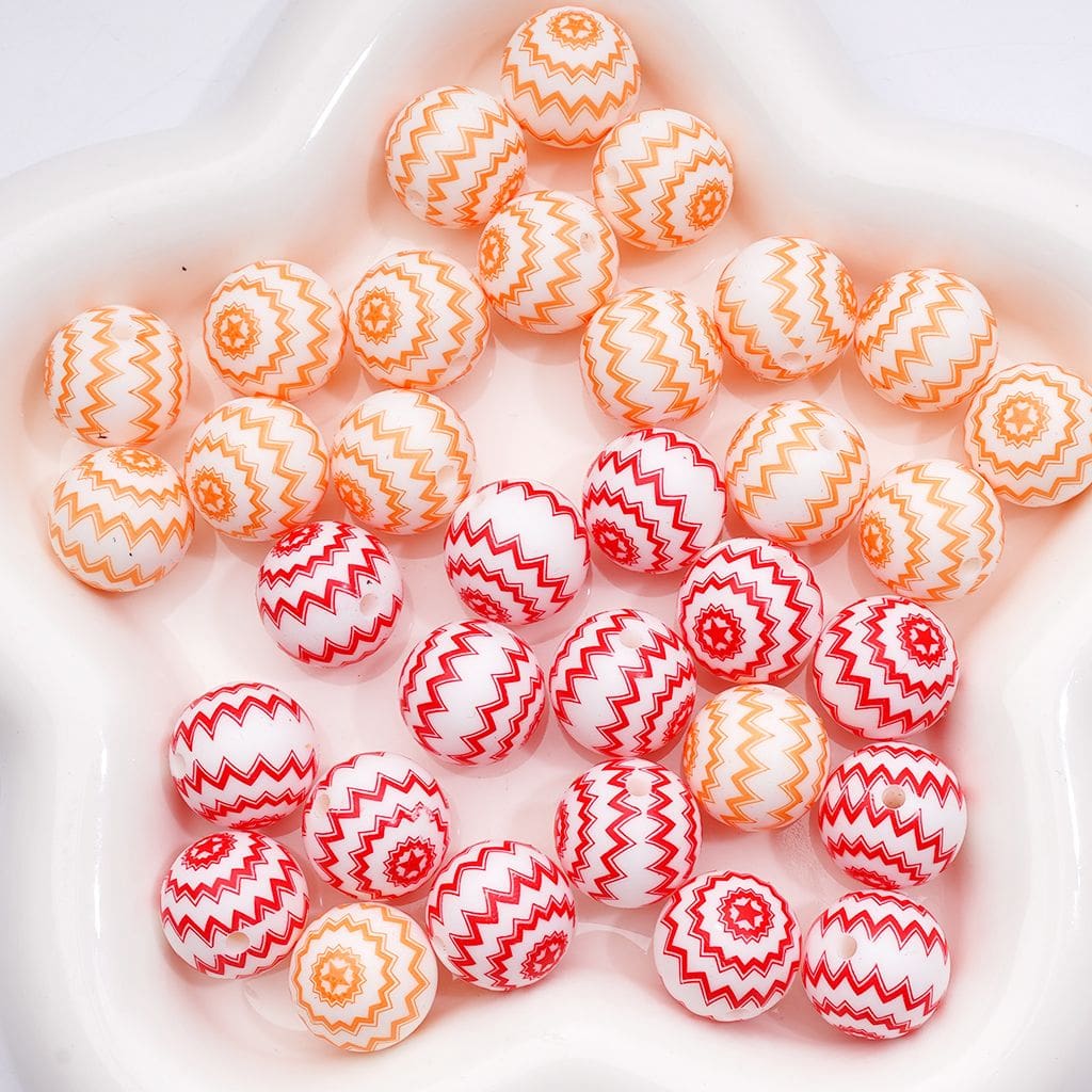 Zigzag Stripe Round White Printed Design Multi-Color Style Silicone Beads Z-00280 15MM