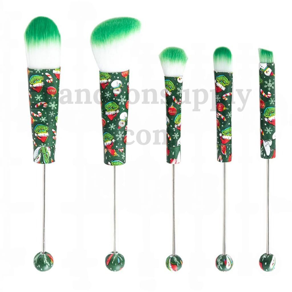 Festive Colorful Metal Beadable Christmas Themed Printed Makeup Brushes (1 Set = 5 pieces)