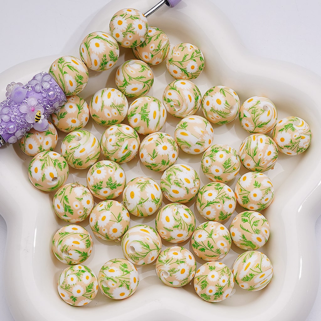 Flower Daisy Cute Printed Silicone Beads, 15MM, Number Z-00253