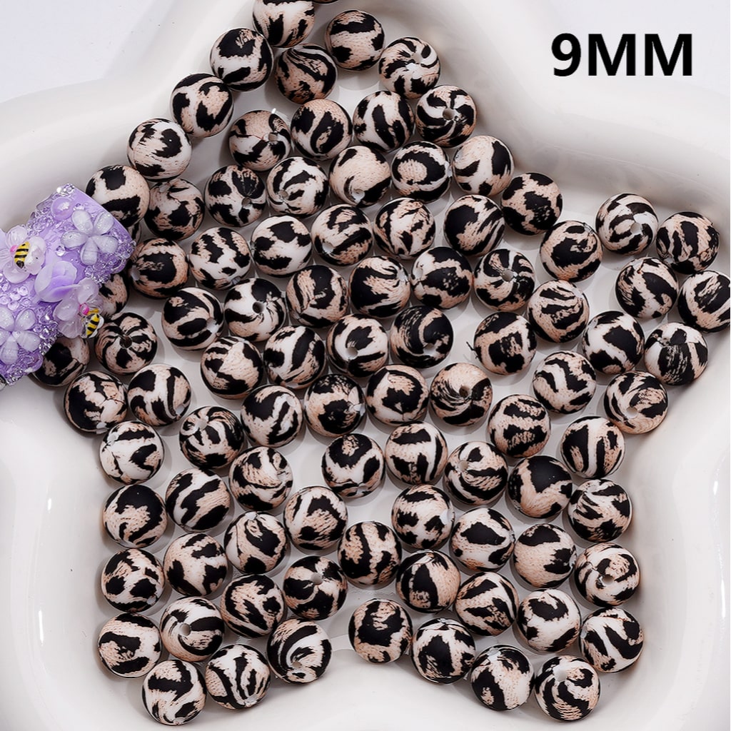 Leopard Printed Black Brown Silicone Beads 9MM, Number Z-00265