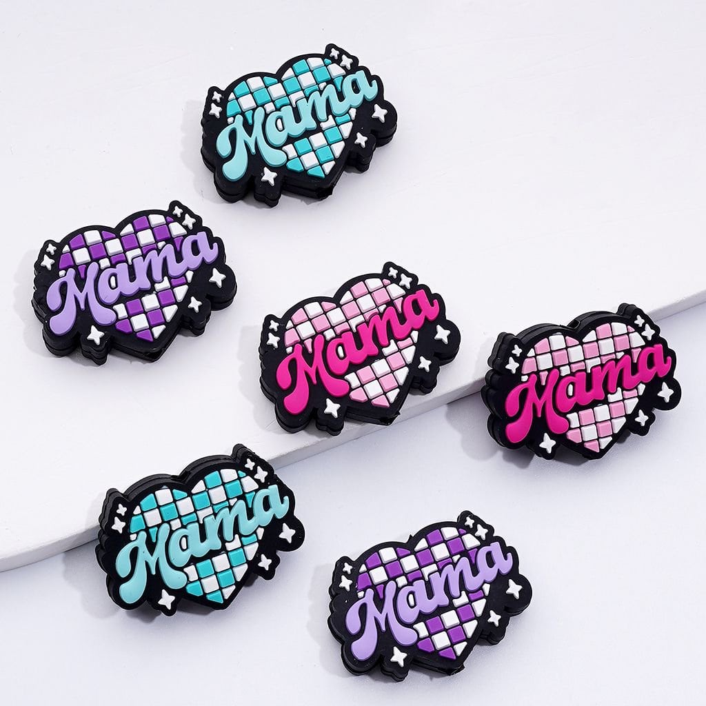 Assorted Multi-Color Heart and Star Silicone Beads with White Checkered Mama Design, Random Mix