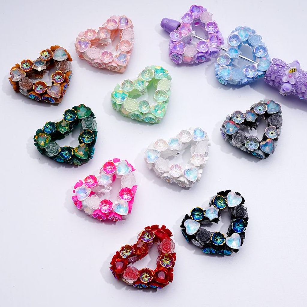 Colorful Bling Bling Heart Frame with Hearts Stars Shiny Flowers Clay Beads, Around 36*29MM, Random Mix