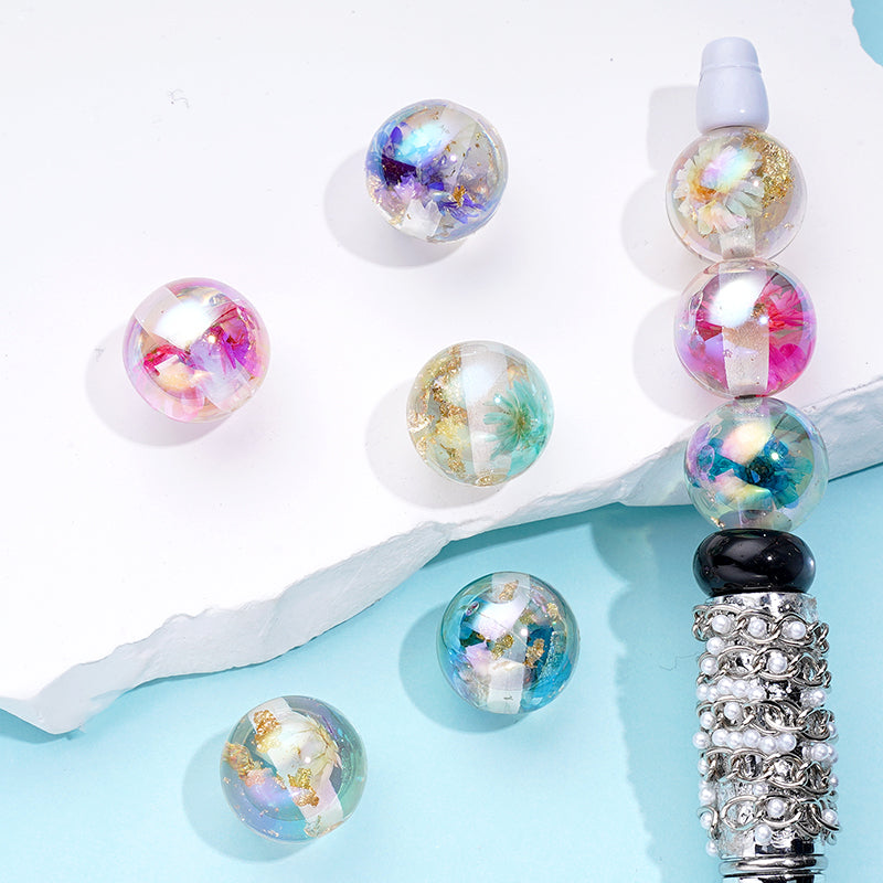 UV Coating Clear Dry Flower and Gold Foil Paper Inside, with Acrylic Beads Random Mix, 16MM