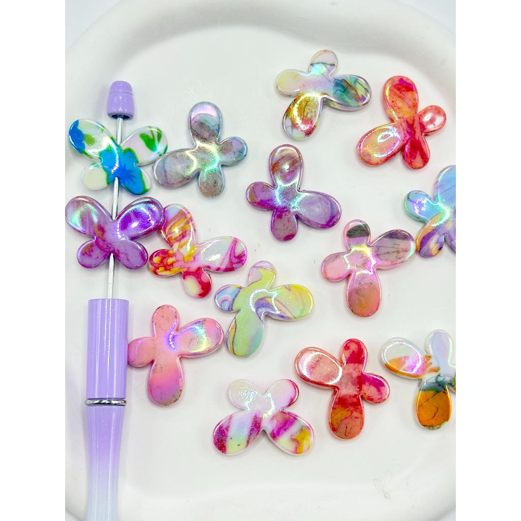 Flat Butterfly Shape Acrylic Beads with Multi-Color Prints, UV Coating ,Random Mix, 22MM by 28MM