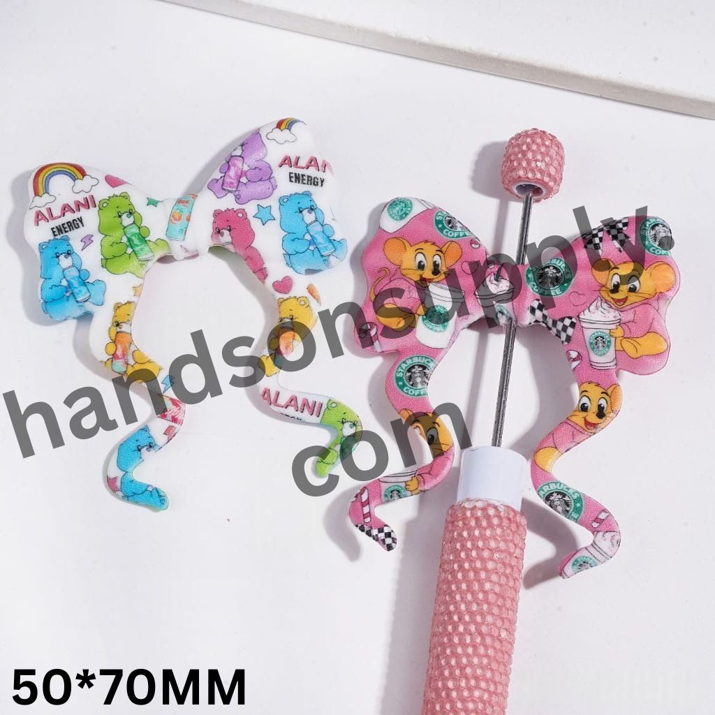 Rainbow Bear, Cartoon Mouse, and Coffee-Themed Prints on Long-Ribbon Bowknot PVC Soft Rubber Beads, 59*70MM, Random Mix