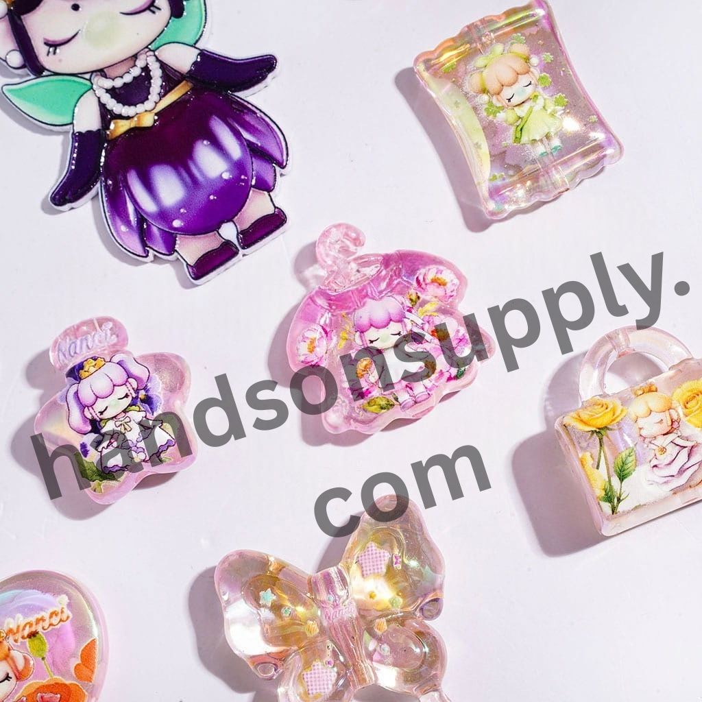 UV-Coated Dreamy Sleeping Girl Blowing Bubbles Acrylic Beads, Various Shapes & Designs, Random Mix