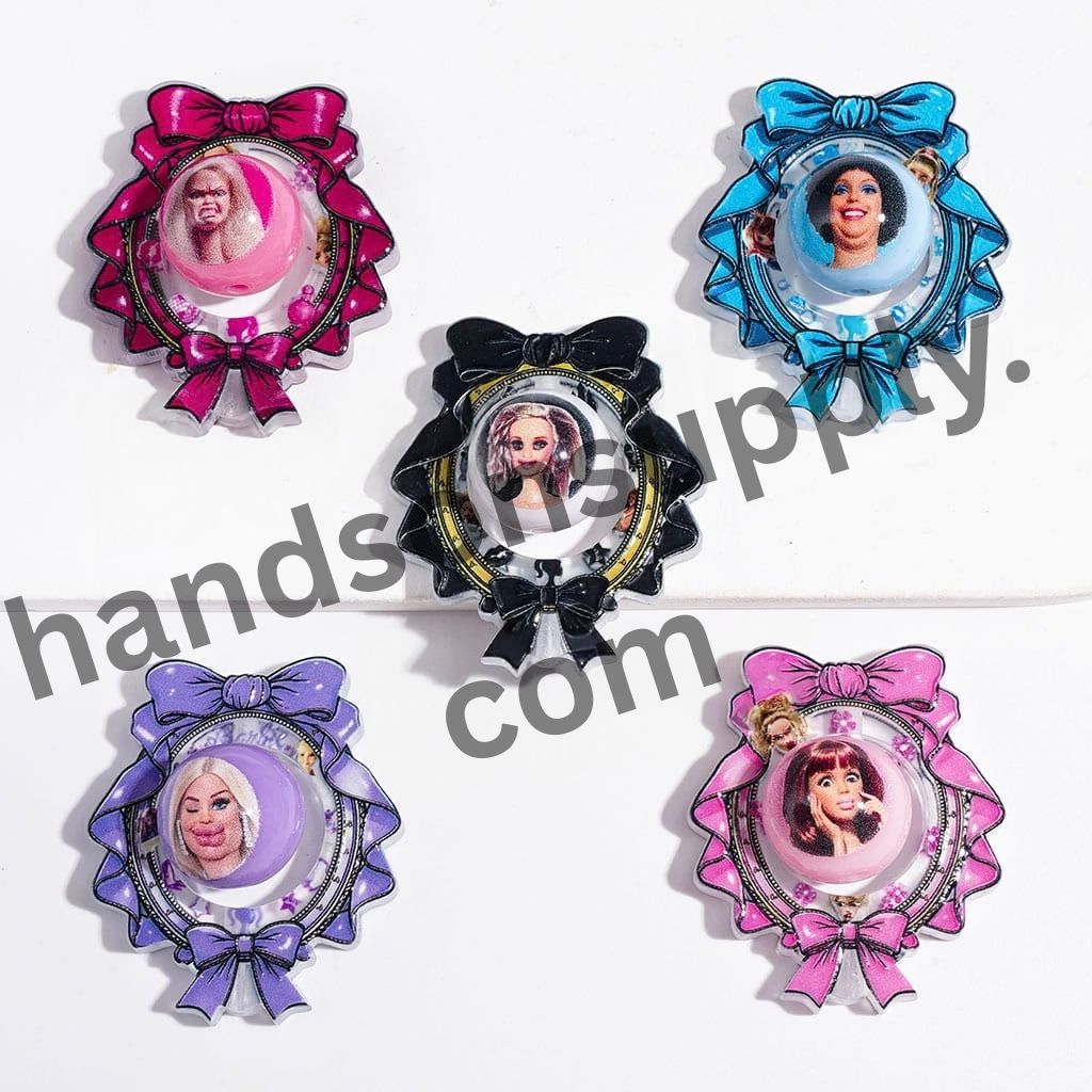 Adorable Hollowed Mirror Frame with Bowtie & Funny Fashion Doll Printed Round Acrylic Beads, Multicolor, Random Mix