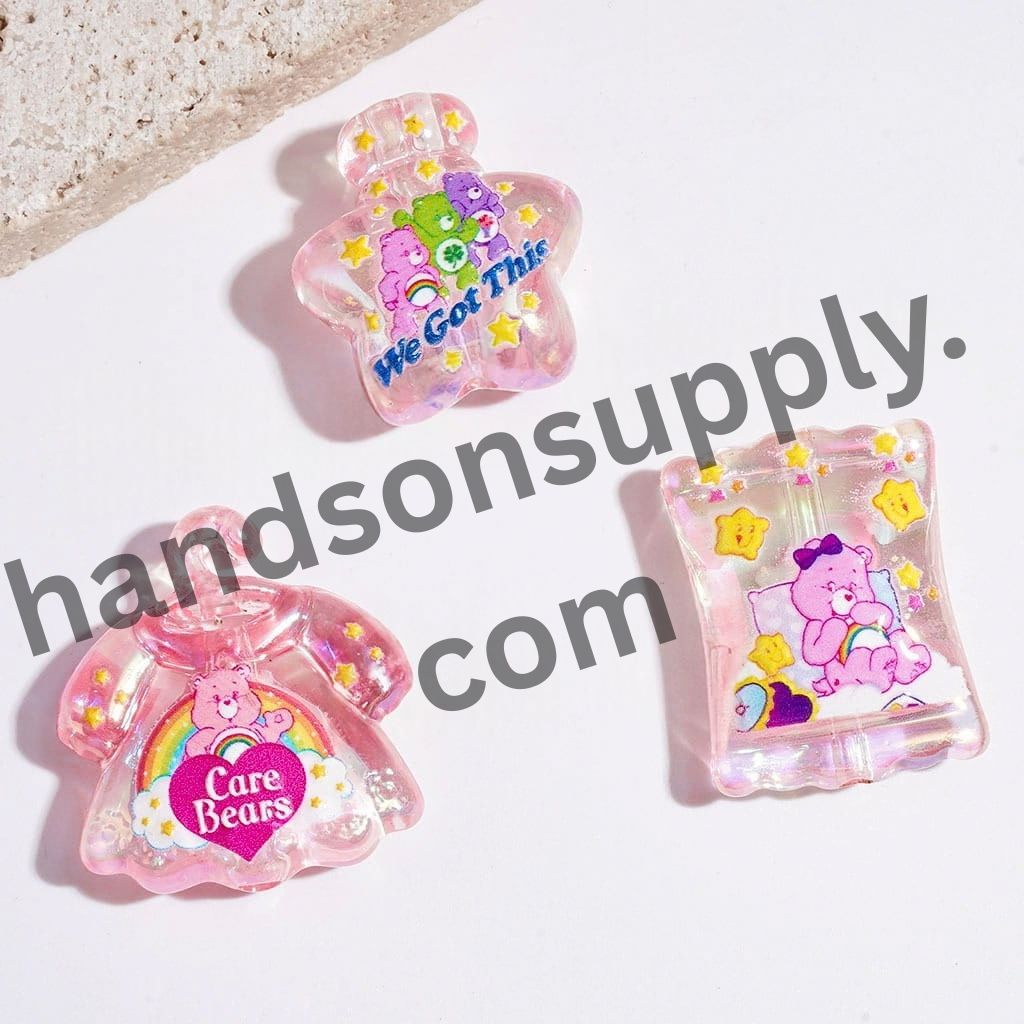 UV-Coated Rainbow Bear Character Light Clear Pink Series Acrylic Beads & Pendants, Random Mix