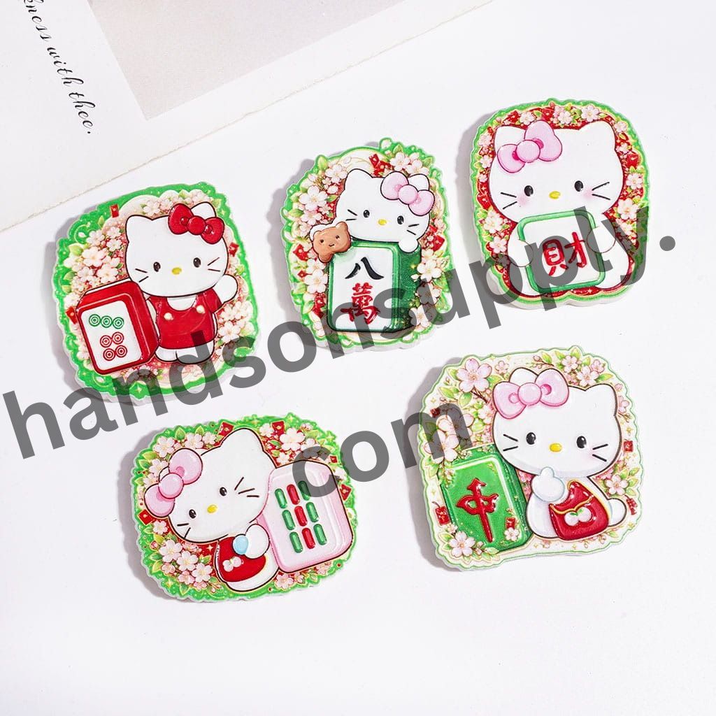 Cute Cat Characters and Pink Floral Designs Mahjong-Themed Acrylic Beads, Random Mix