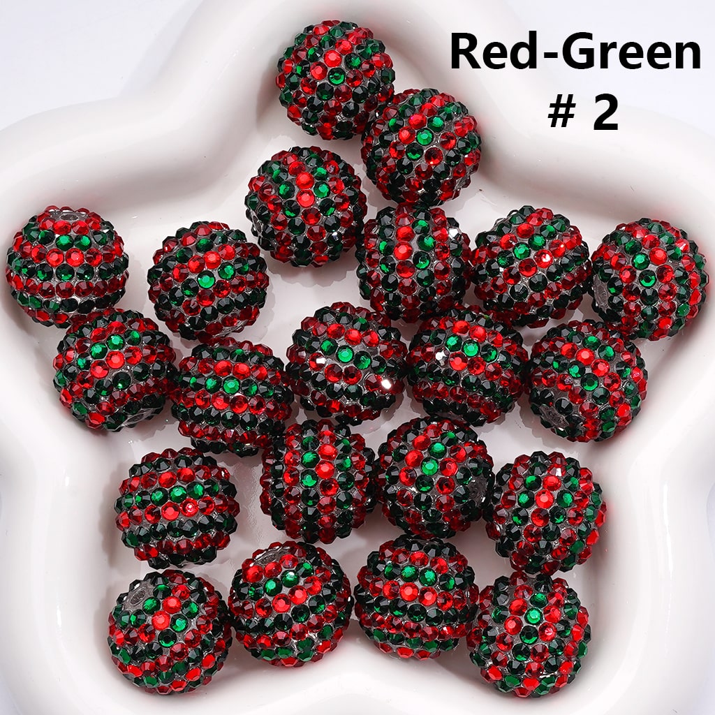 Double Color Striped Round Acrylic Beads with Shiny Rhinestones, 20MM