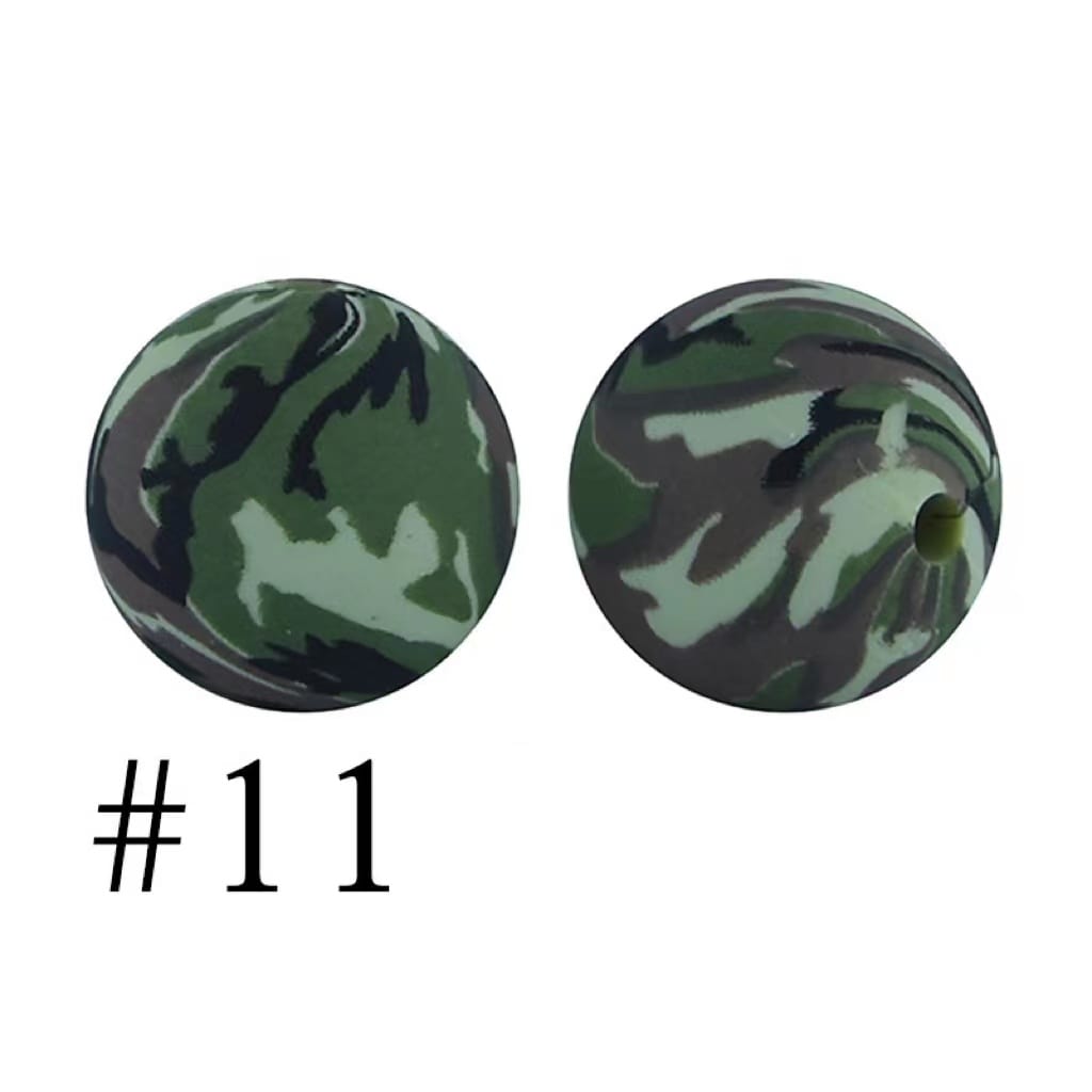 Green Camouflage Pattern Printed Camo Silicone Beads, Size 15mm