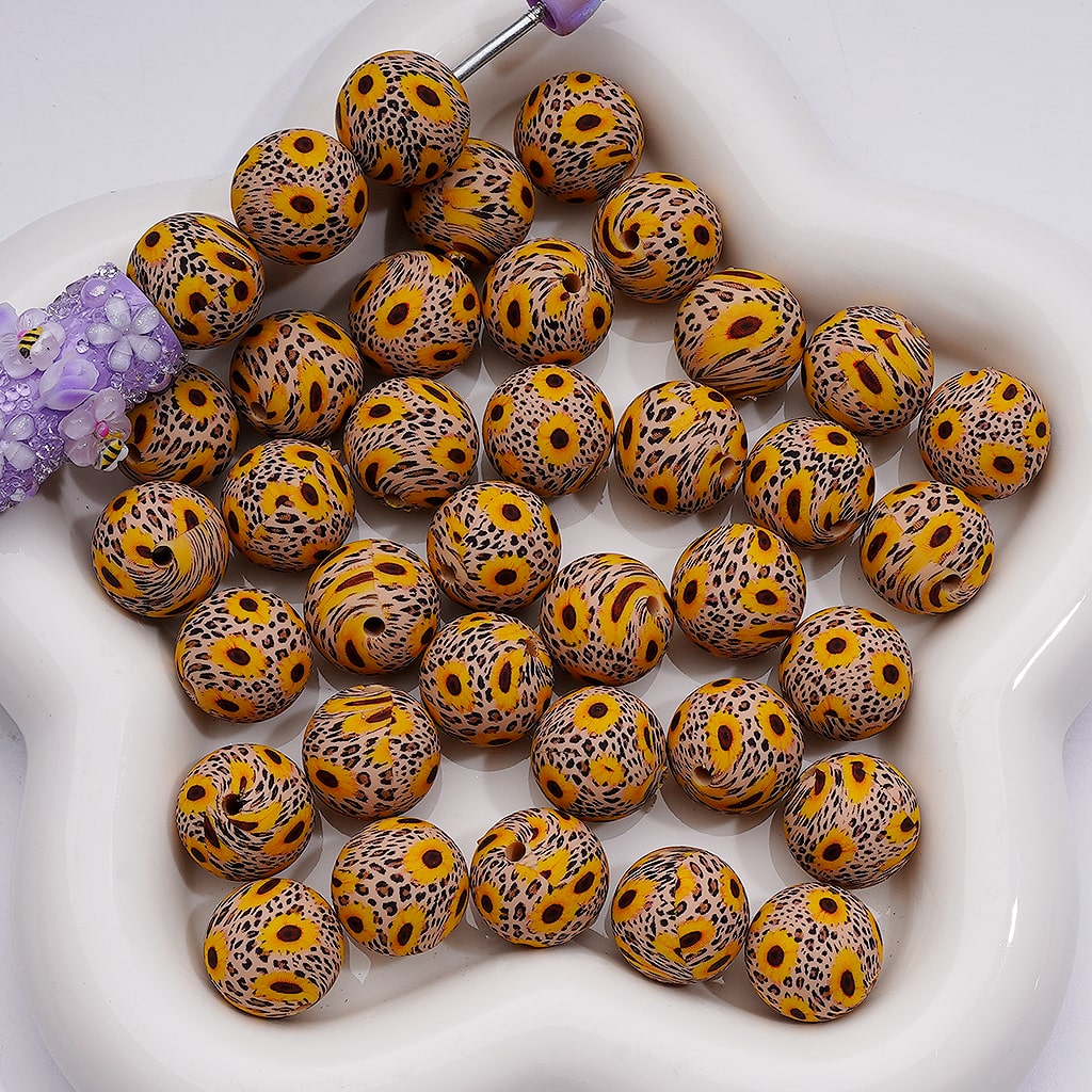 Jaguar Sun Flower Cute Printed Silicone Beads, 15MM, Number Z-00254