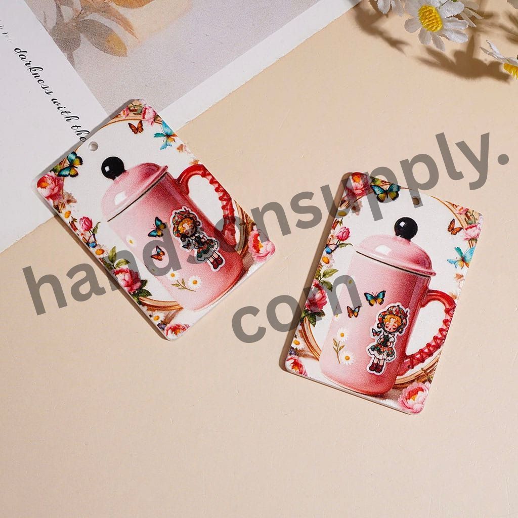 Cute Pink Teapot with Floral & Butterfly Design Rounded Flat Rectangle Shape Acrylic Pendants, 58*39MM, Random Mix