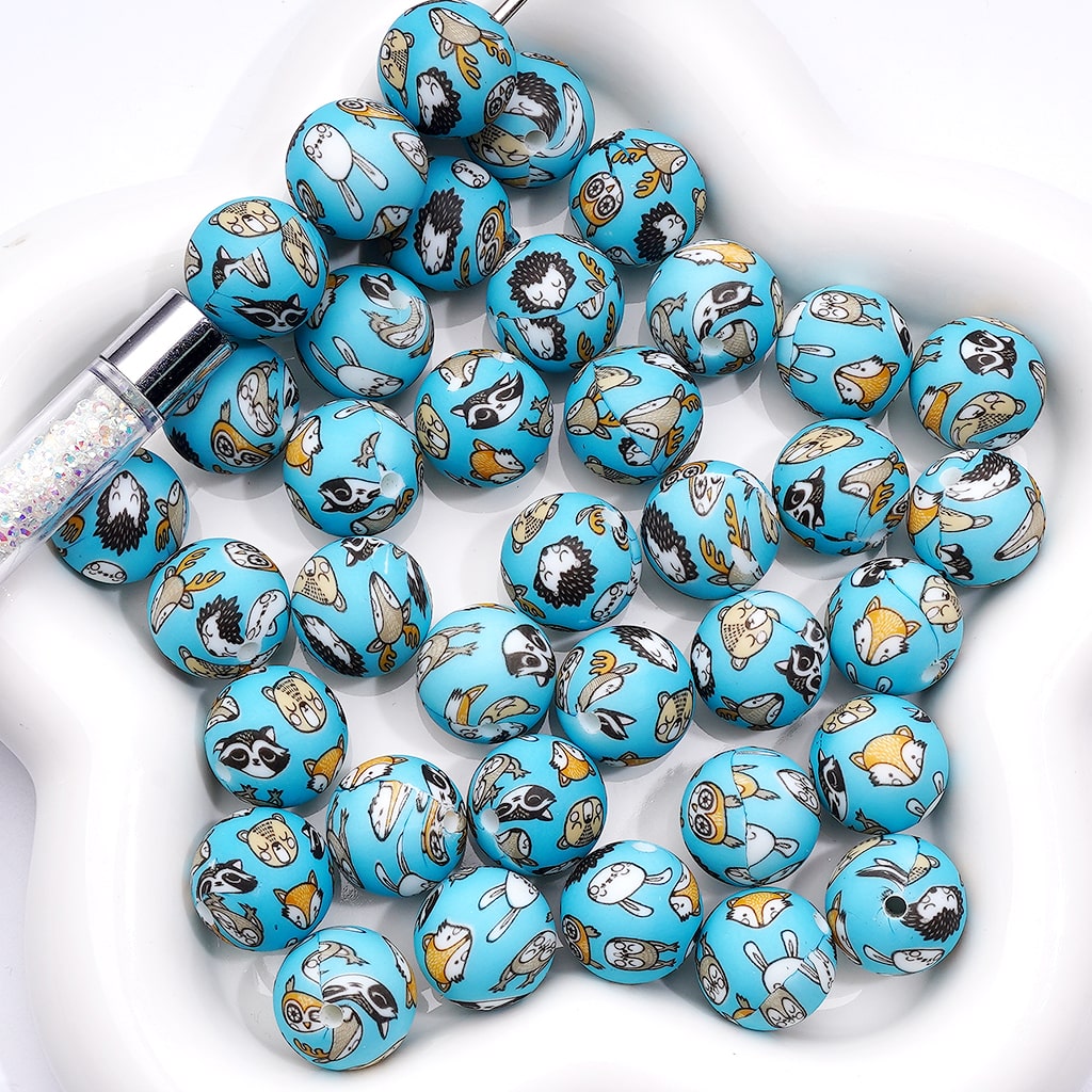 Blue Printed Silicone Beads – Adorable Fox, Owl, Deer, Bear, Hedgehog & Rabbit 15MM, Z-00231