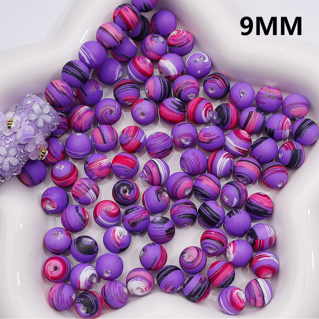 Red Purple Black Swirls Printed Silicone Beads, 9MM, Number Z-00266