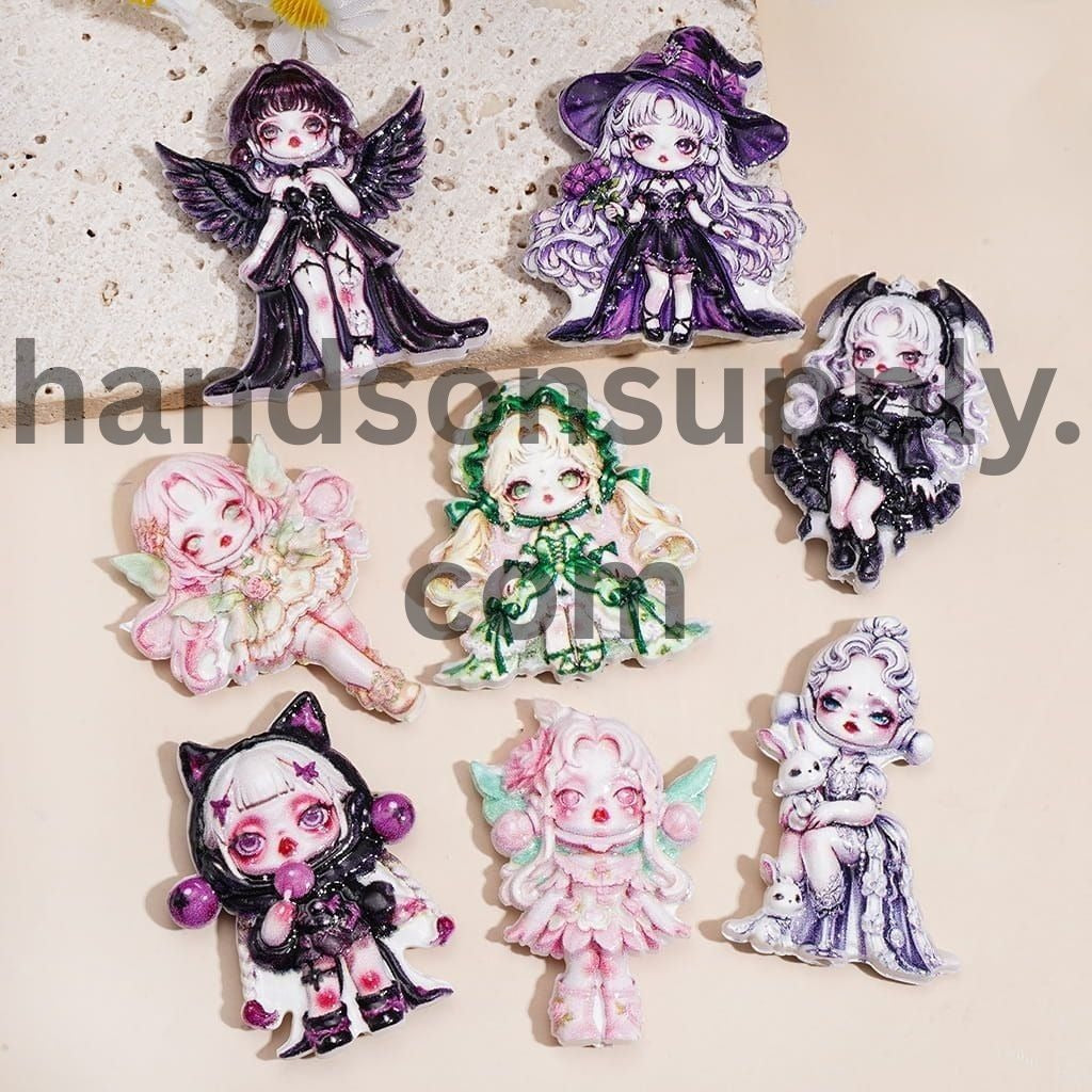 Adorable Anime Girl Character Series with Fantasy Fairy, Witch, Angel & Gothic Princess Designs Textured Acrylic Beads