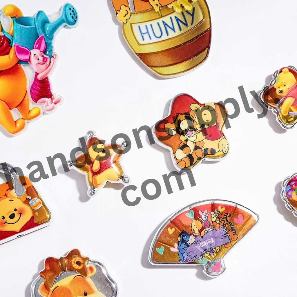 Sweet Honey Bear Character Series with Yellow-Themed Designs, Silver-Border Acrylic Beads & Pendants, Random Mix