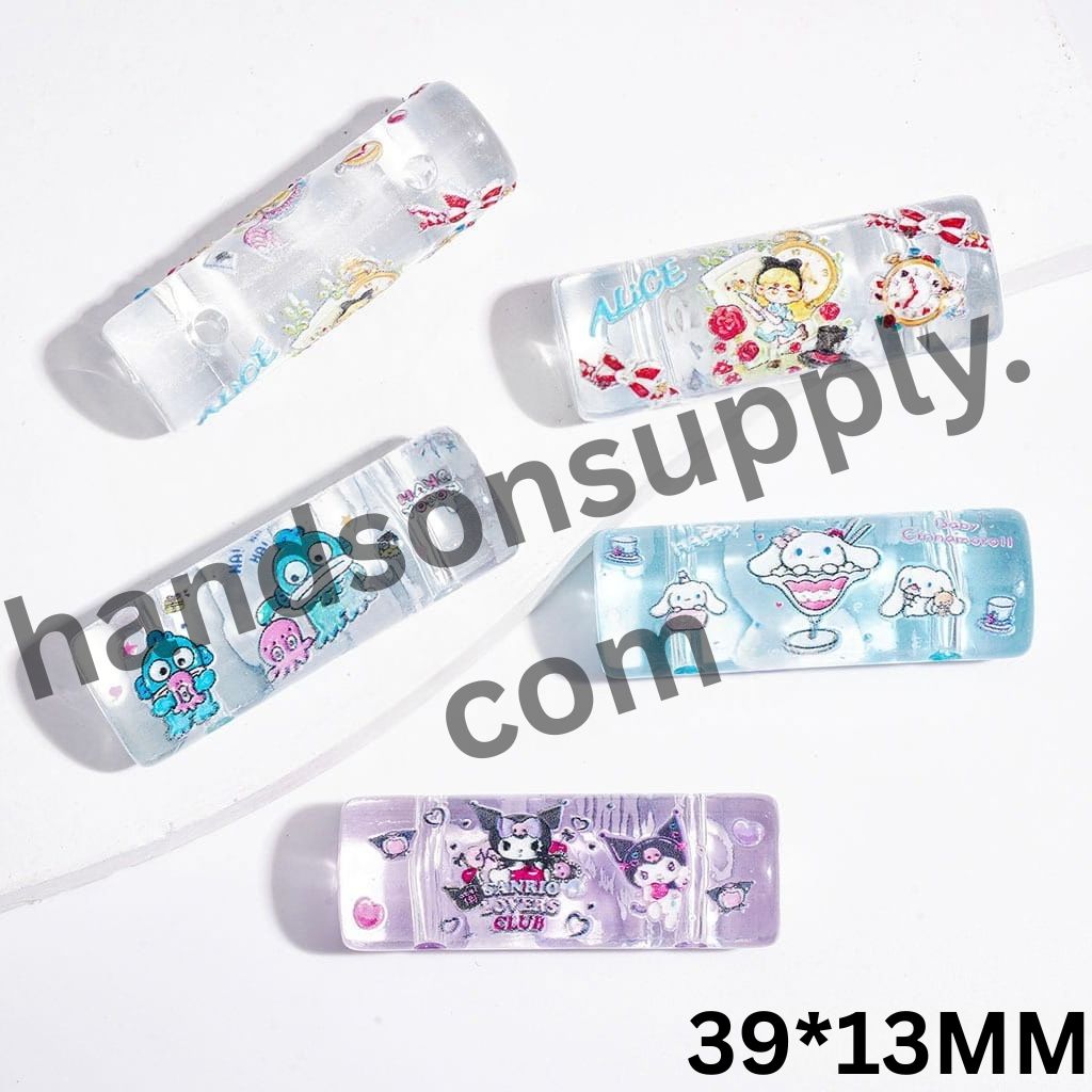 Adorable Girl & Various Cartoon Character Print Oval Cylinder Shape Clear Acrylic Beads, Two Holes, 39*13MM, Random Mix