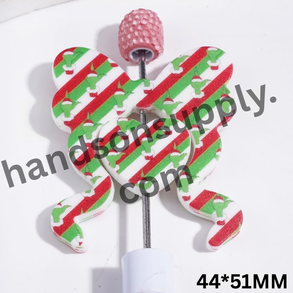 Charming Christmas Green Character with Red, White and Green Striped Bowtie and Heart Design Silicone Focal Beads, 44*51MM