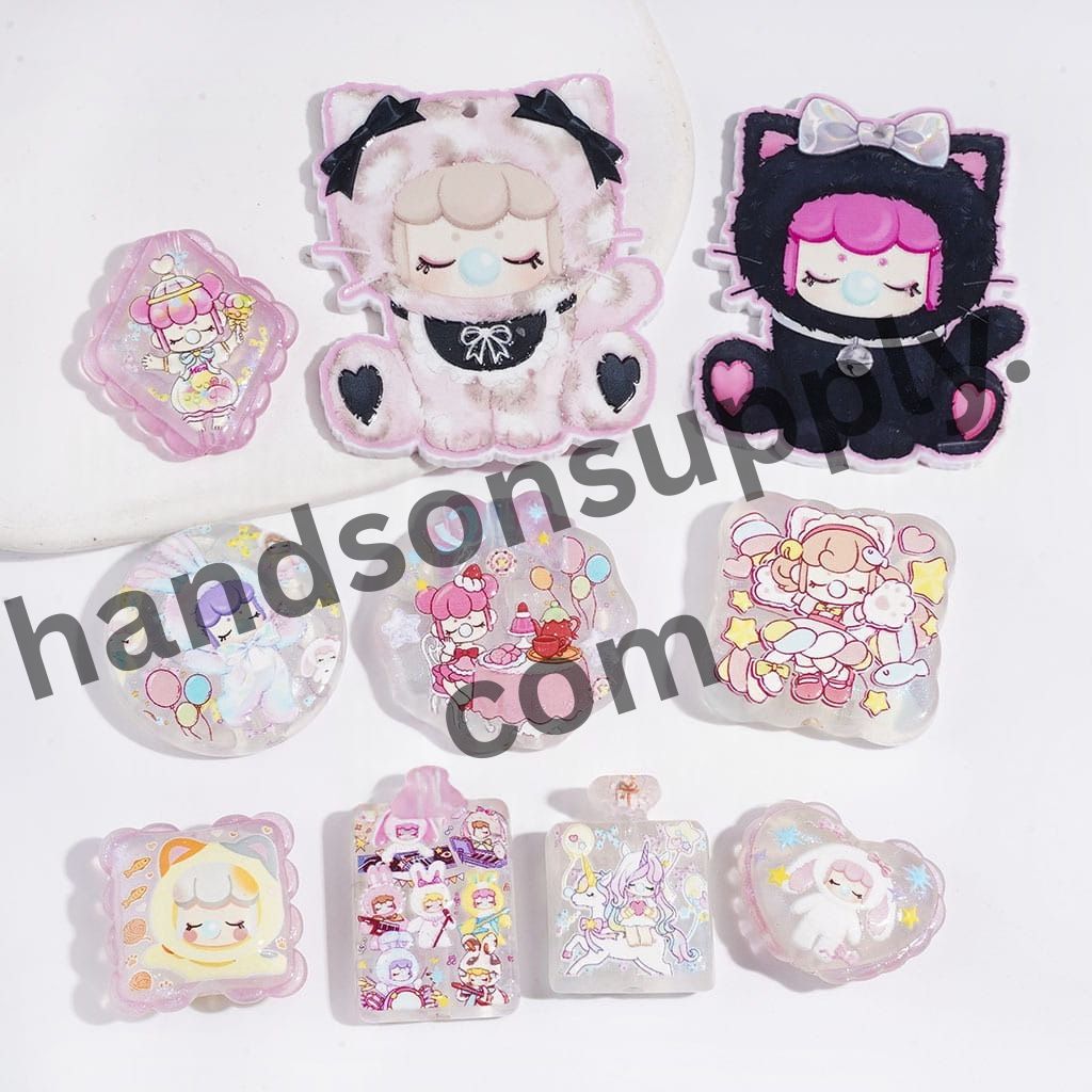 Dreamy Sleeping Gothic Girl Doll Character Series with Shiny Glitter Acrylic Beads & Pendants, Random Mix
