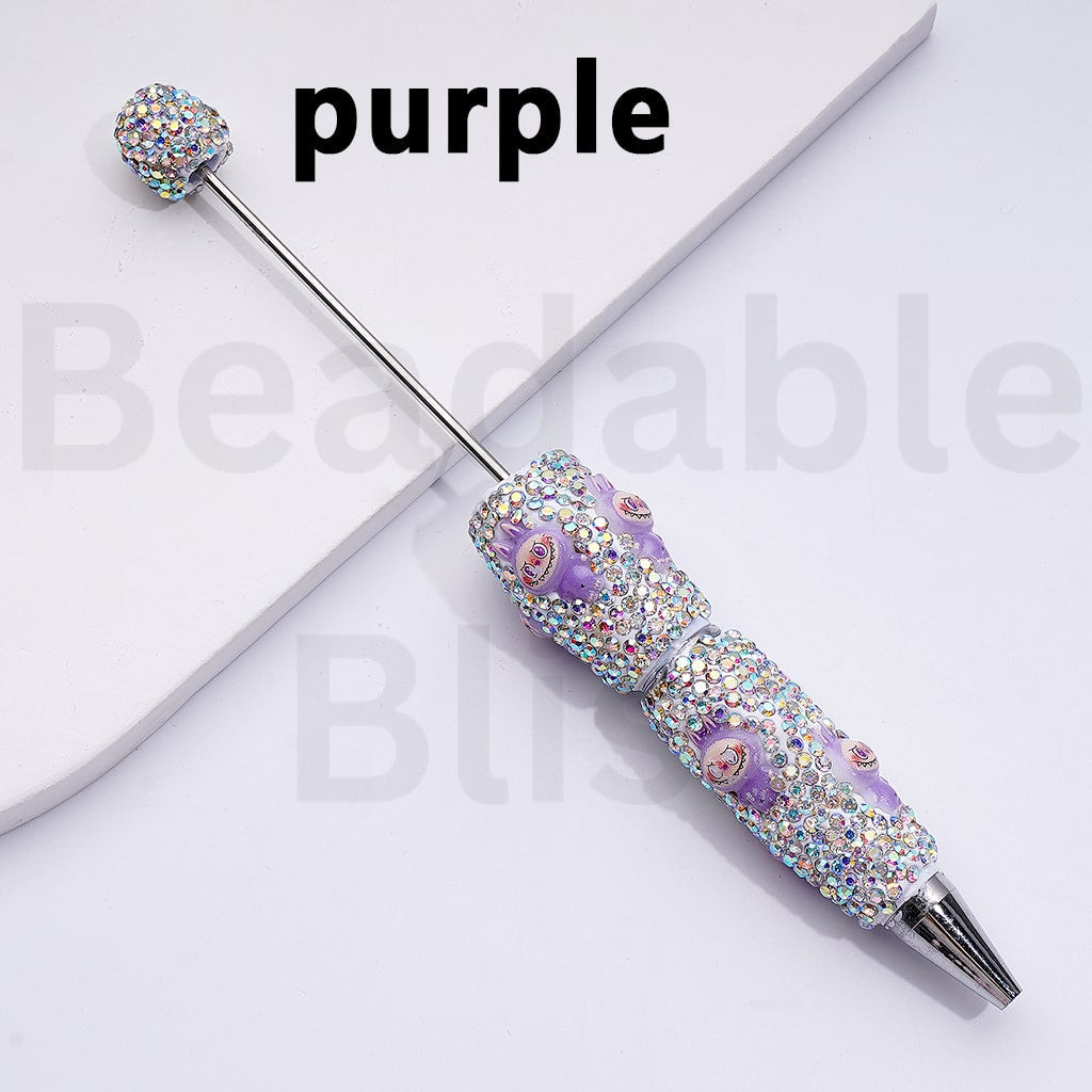 White Color Beadable Clay Pens with Cute Monster Doll AB Rhinestones Covered the Entire Pen