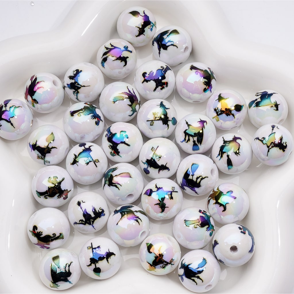 Witch Rides a Broomstick UV Coating Horror Halloween Round Acrylic Beads, 16MM