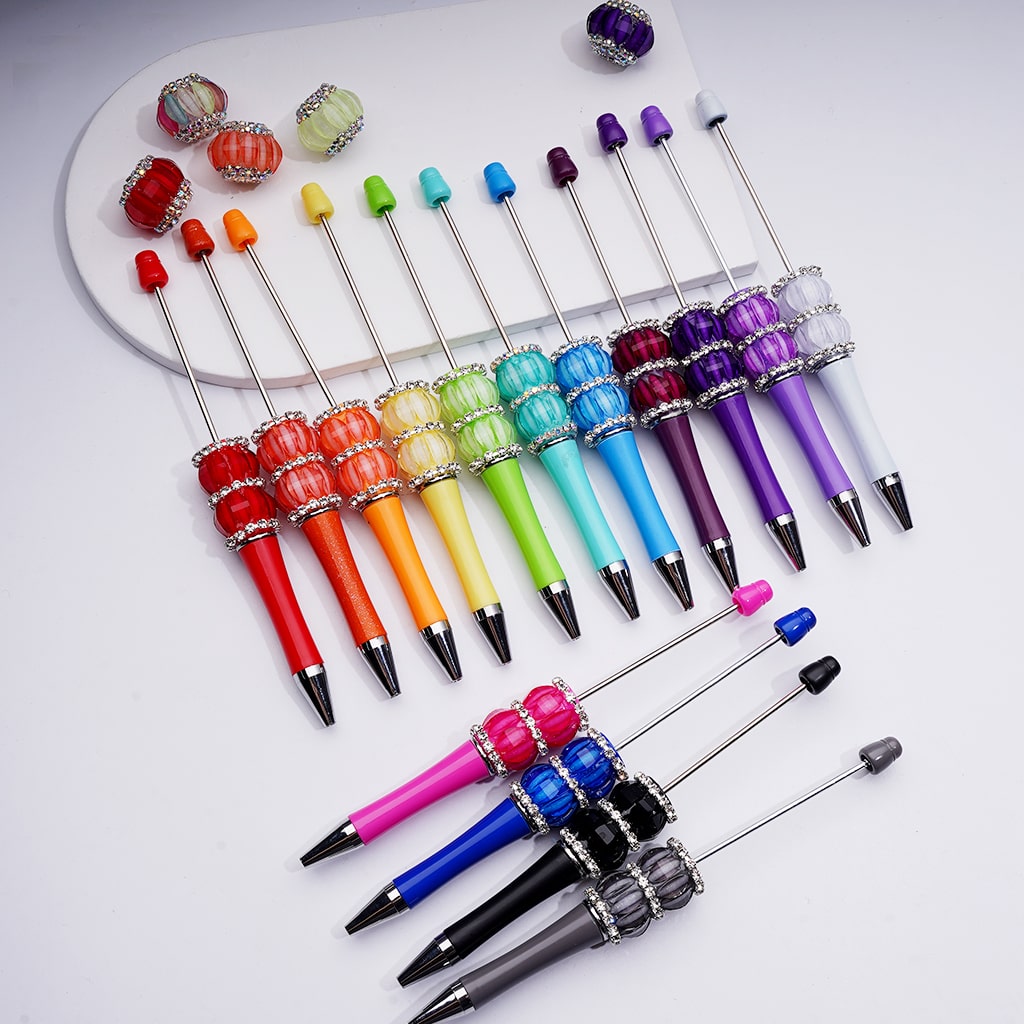 Solid Color Mini Pumpkin Charms Beadable Pens with Clear Rhinestones Chains