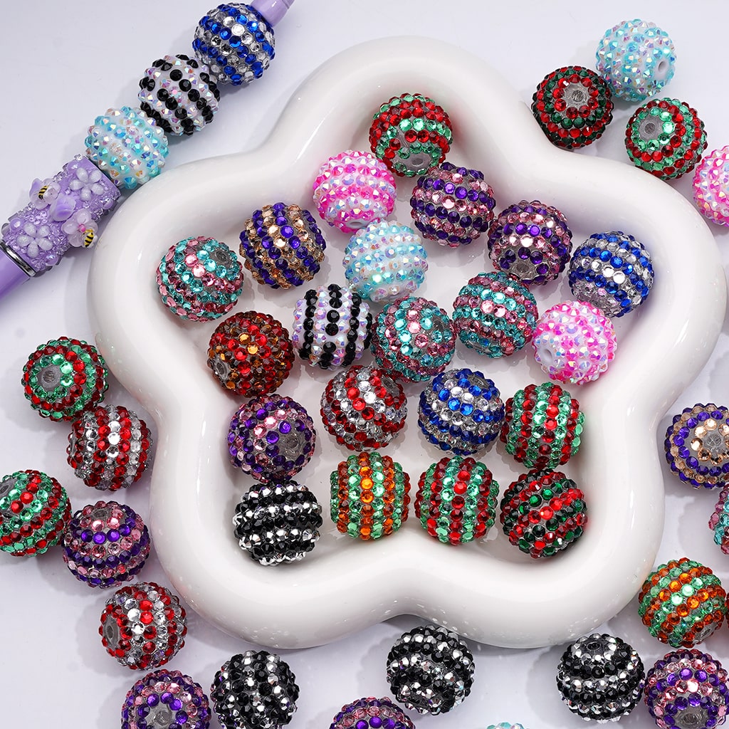 Double Color Striped Round Acrylic Beads with Shiny Rhinestones, 20MM