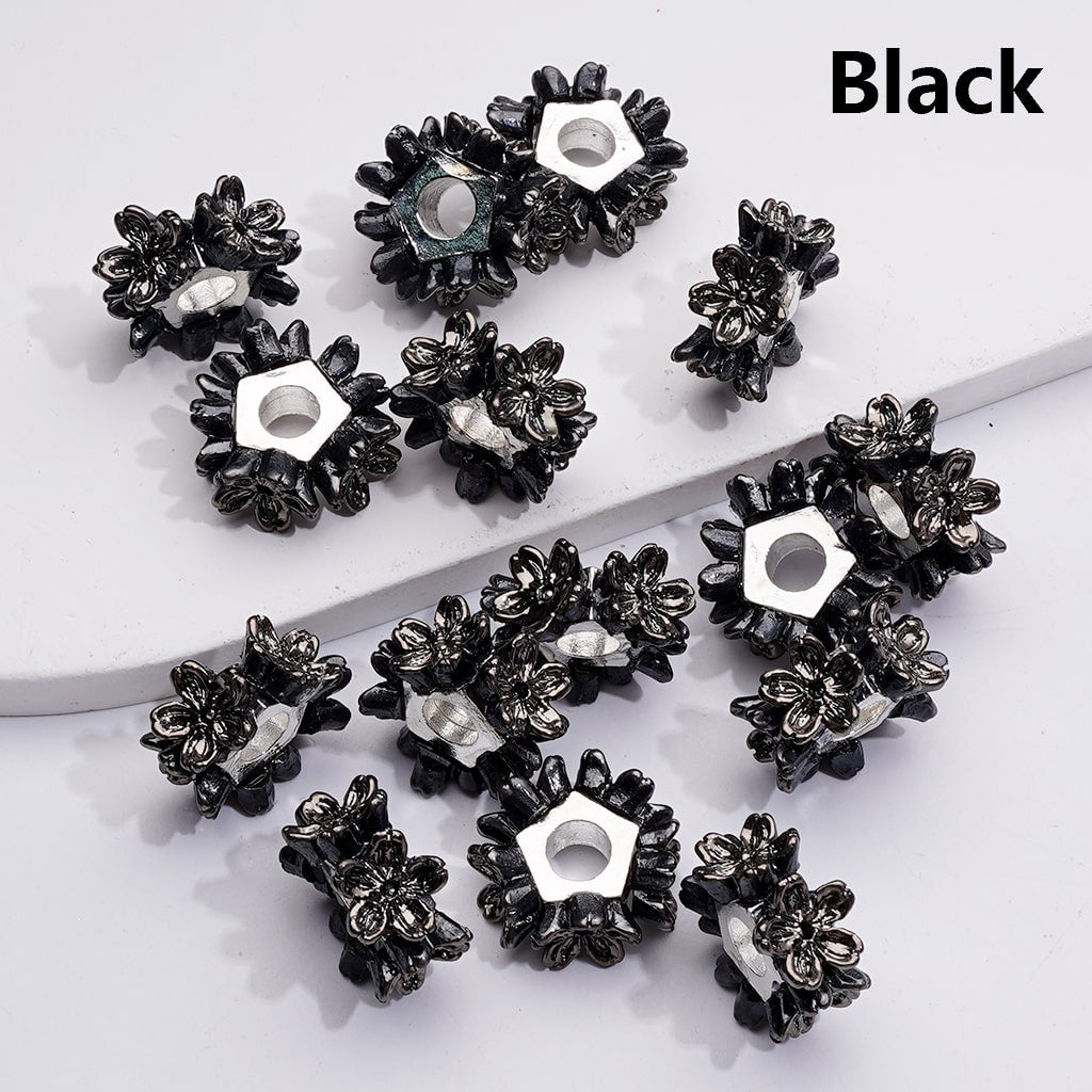Silver Alloy Pentagon Shape Spacer Shiny Pink Flower 19MM