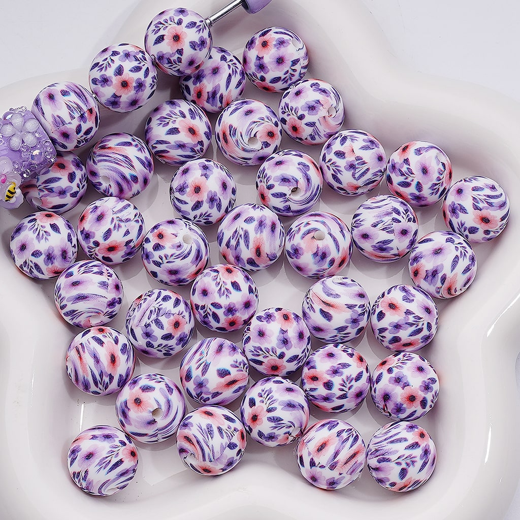 Purple Pink Flowers Cute Printed Silicone Beads, 15MM, Number Z-00255