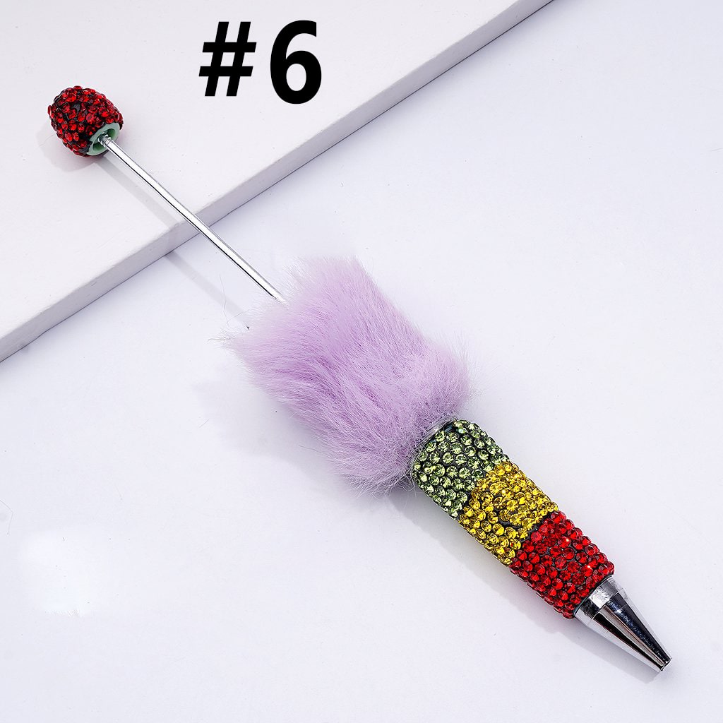 Pom Pom Beadable Clay Pens Covered with Shiny Green Yellow Red Rhinestones Along the Entire Pen