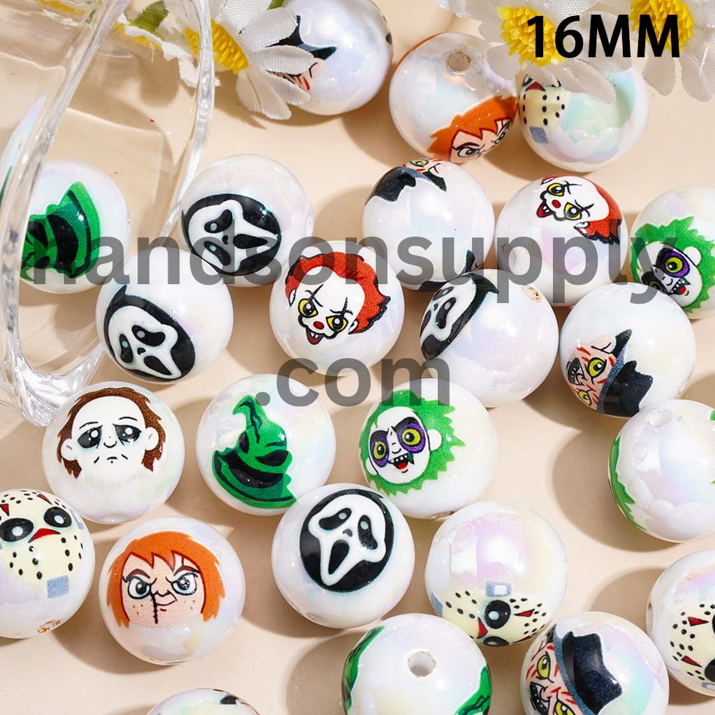 Spooky Horror Movie Character Scary Face Ghost Clown Mask Different design Print Round Acrylic Beads 16MM