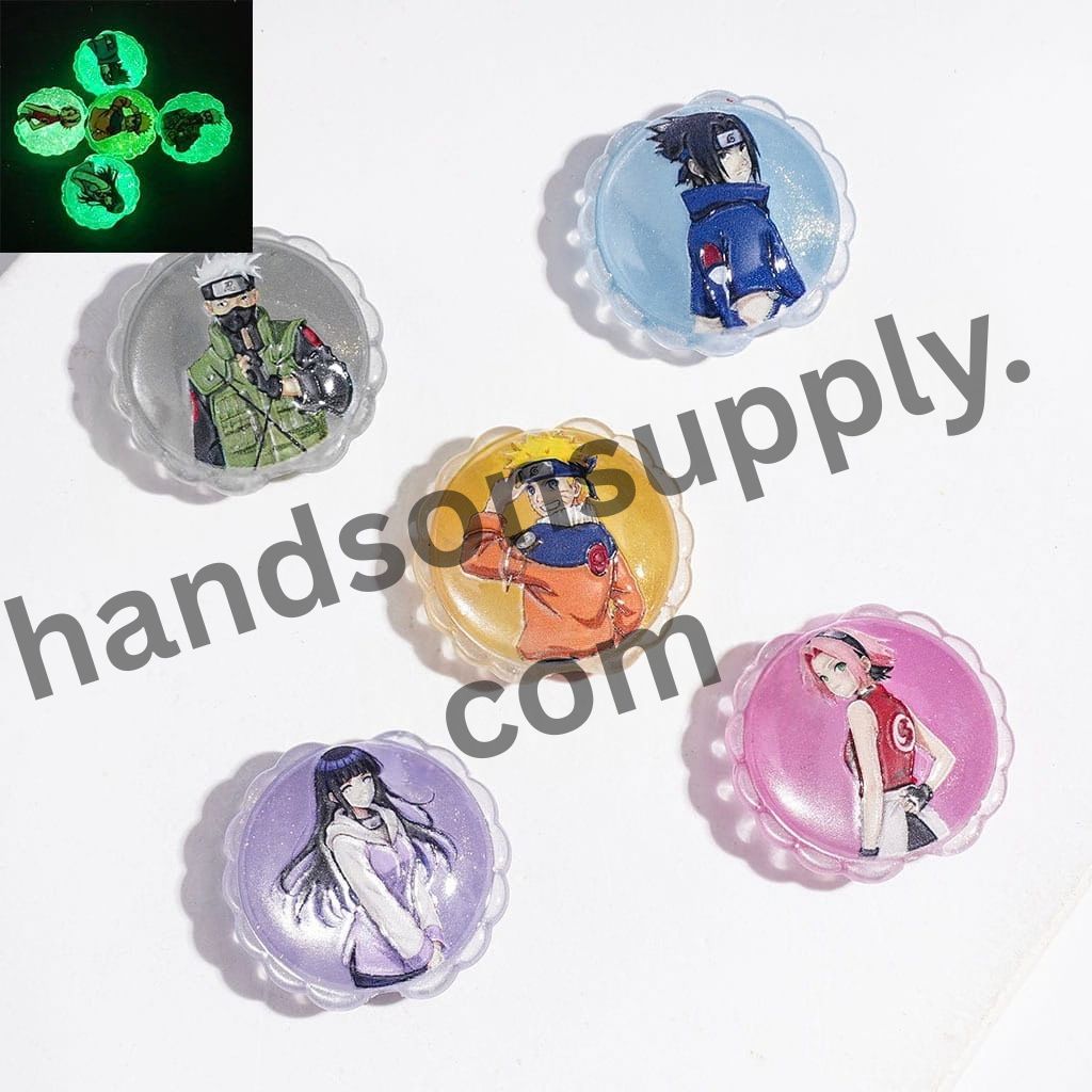 Adorable Japanese Anime Cosplay Character Print Luminous Cat-Eye Style Wavy Edge Flat Round Shape Acrylic Beads, 25MM, Random Mix