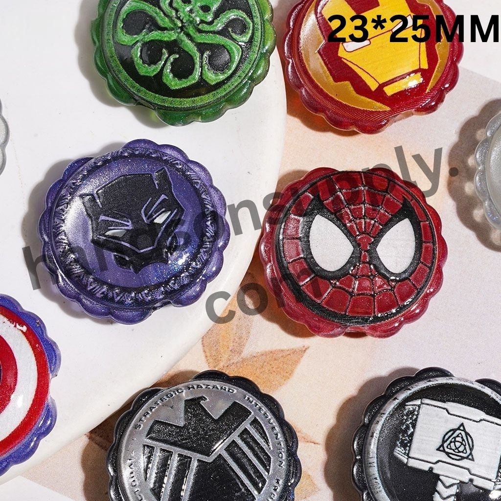 Bold & Strong Superhero Character Badge Print Wavy Edge Flower Shape Acrylic Beads, 23*25MM, Multi-Color Random Mix