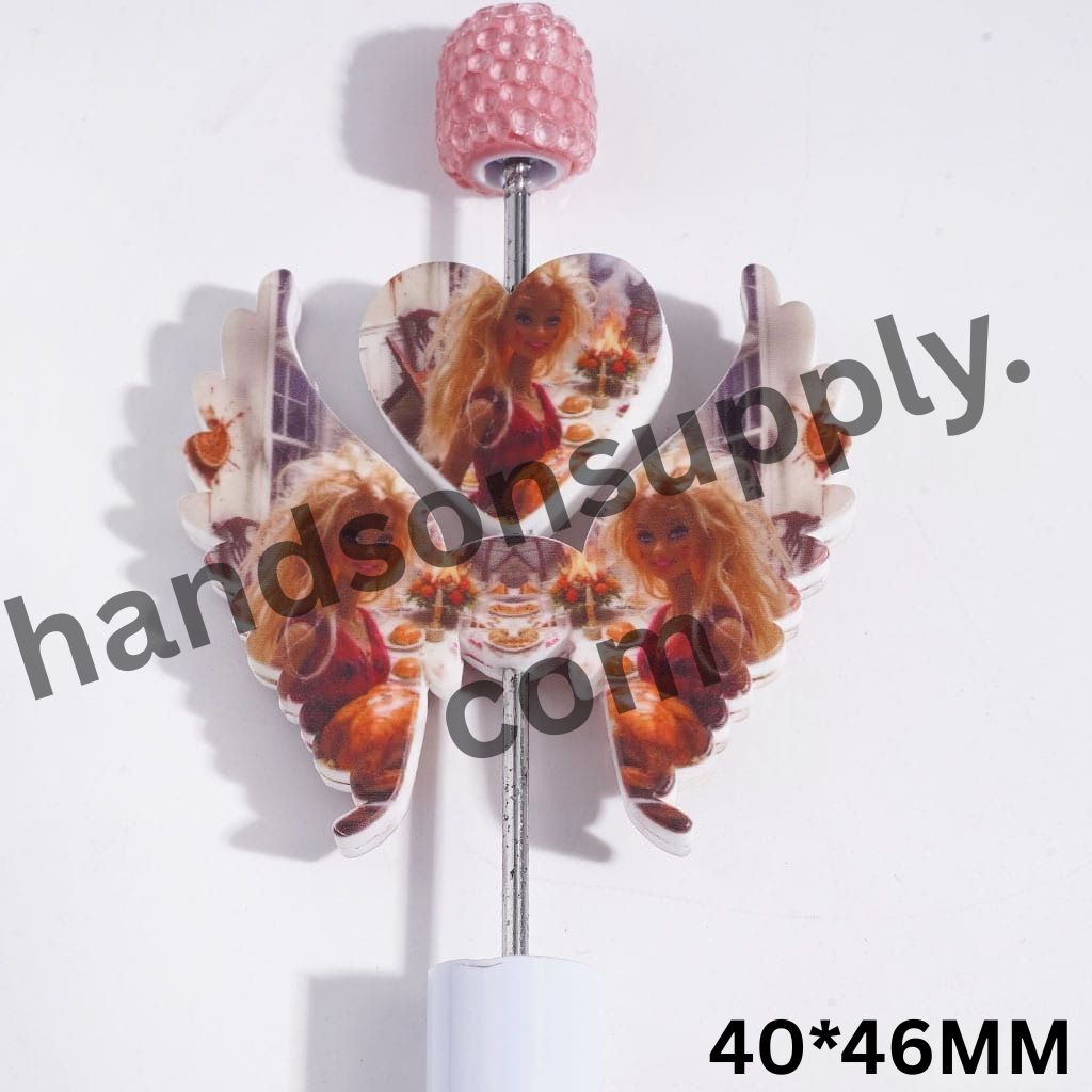 Thanksgiving-Themed Fashion Doll Characters with Messy Hair Design Printed Heart and Wing Shapes Silicone Focal Beads Set, 40*46MM
